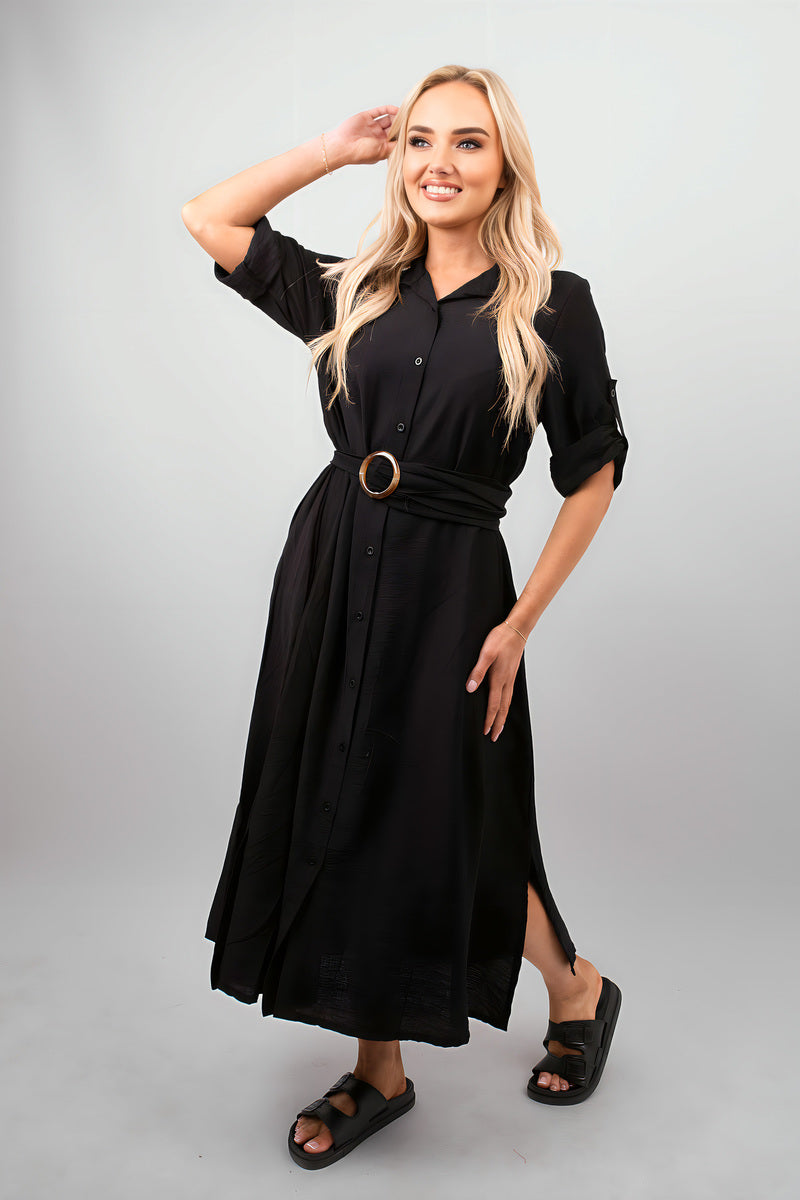 Belted Button Down Roll Tab Sleeve Midi Dress.