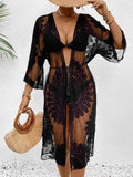 Lace Longline Cover Up Sheer Black Mesh - EBYNN