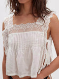 Lace-Trimmed Eyelet Top with Square Neck Design for Effortless Style - EBYNN