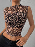 Leopard Crop Top - Sleeveless Mock Neck Style for Trendy Looks - EBYNN