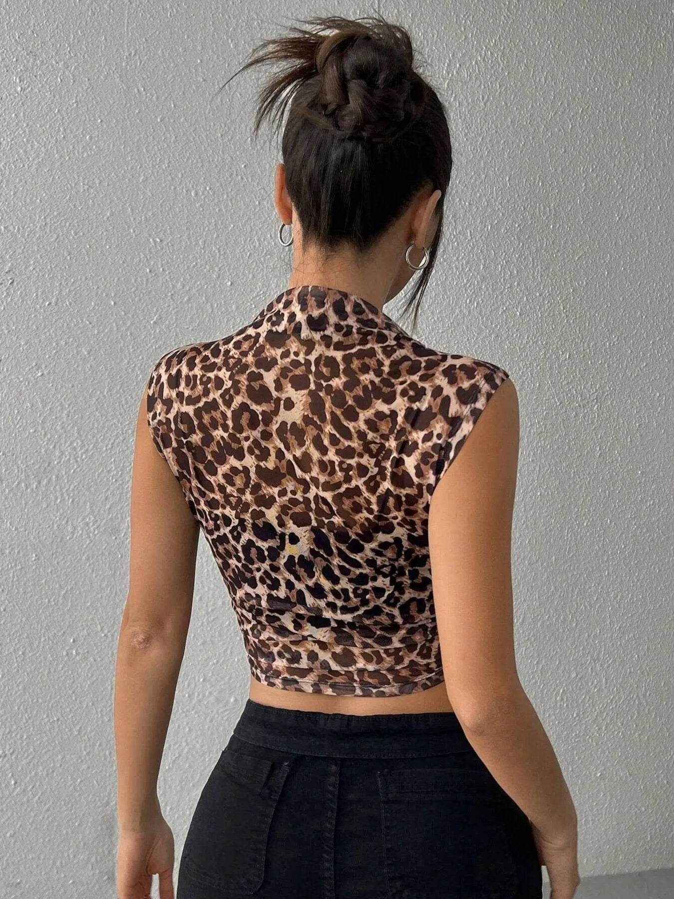 Leopard Crop Top - Sleeveless Mock Neck Style for Trendy Looks - EBYNN