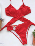 Trendsi luxury halter bikini for summer in vibrant red with a chic cross-over style and ring detail