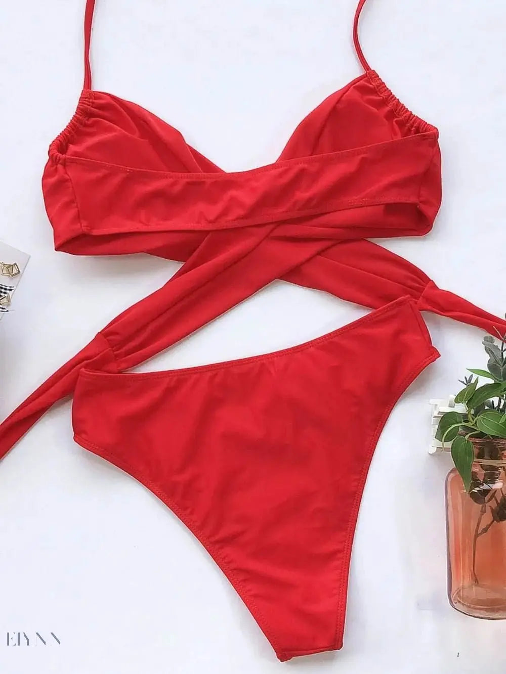 Red luxury halter bikini for summer with cross-back design and high-waisted bottoms