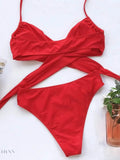 Red luxury halter bikini for summer with cross-back design and high-waisted bottoms