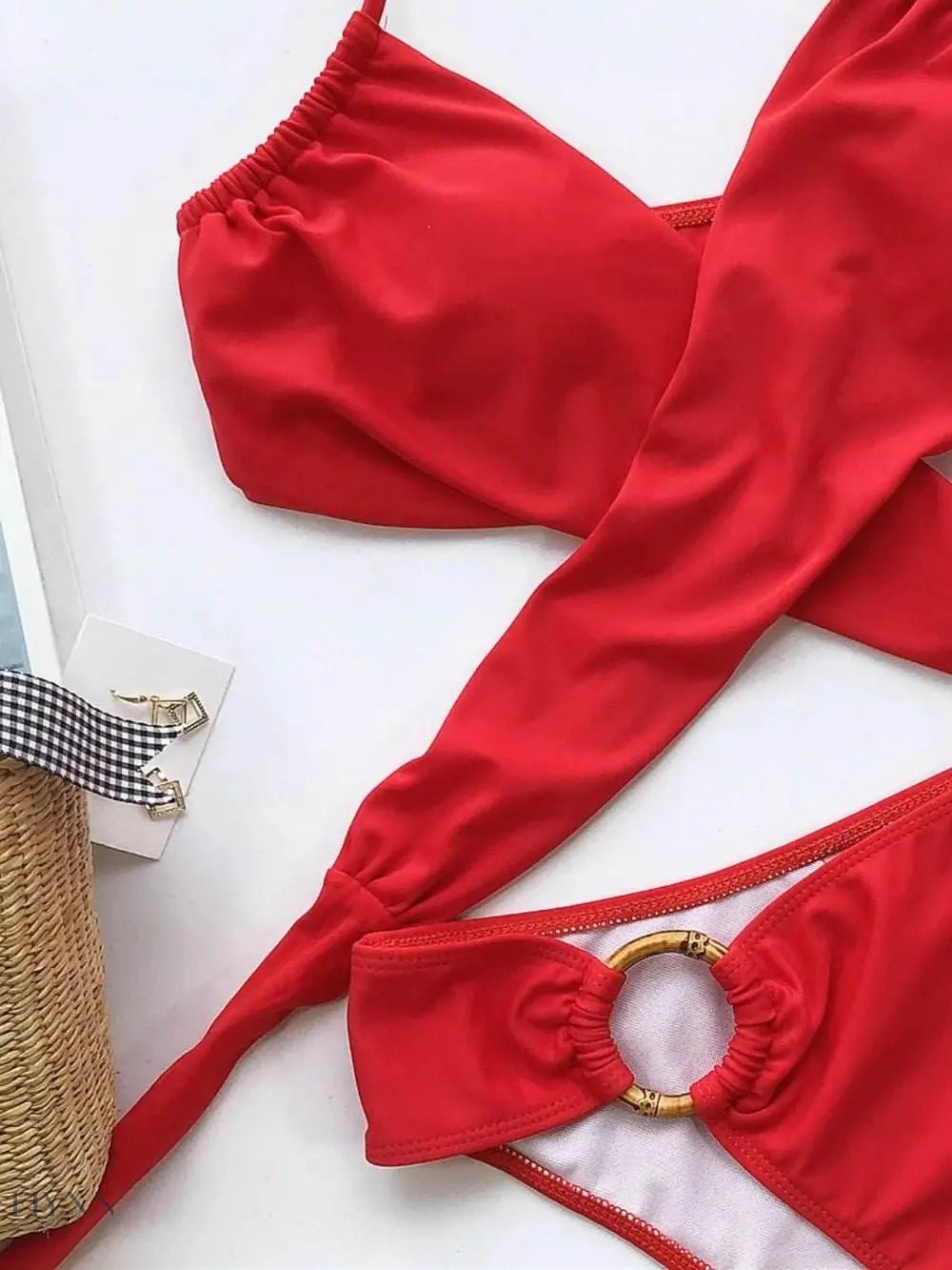 Trendsi luxury halter bikini for summer in vibrant red with stylish ring detail