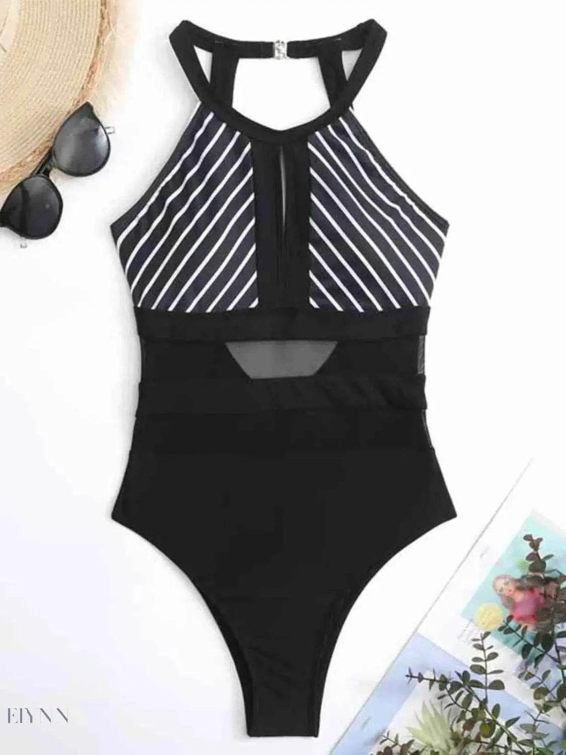Mesh Detail One-Piece Swimsuit with Striped Design for Elegant Beach Style - EBYNN