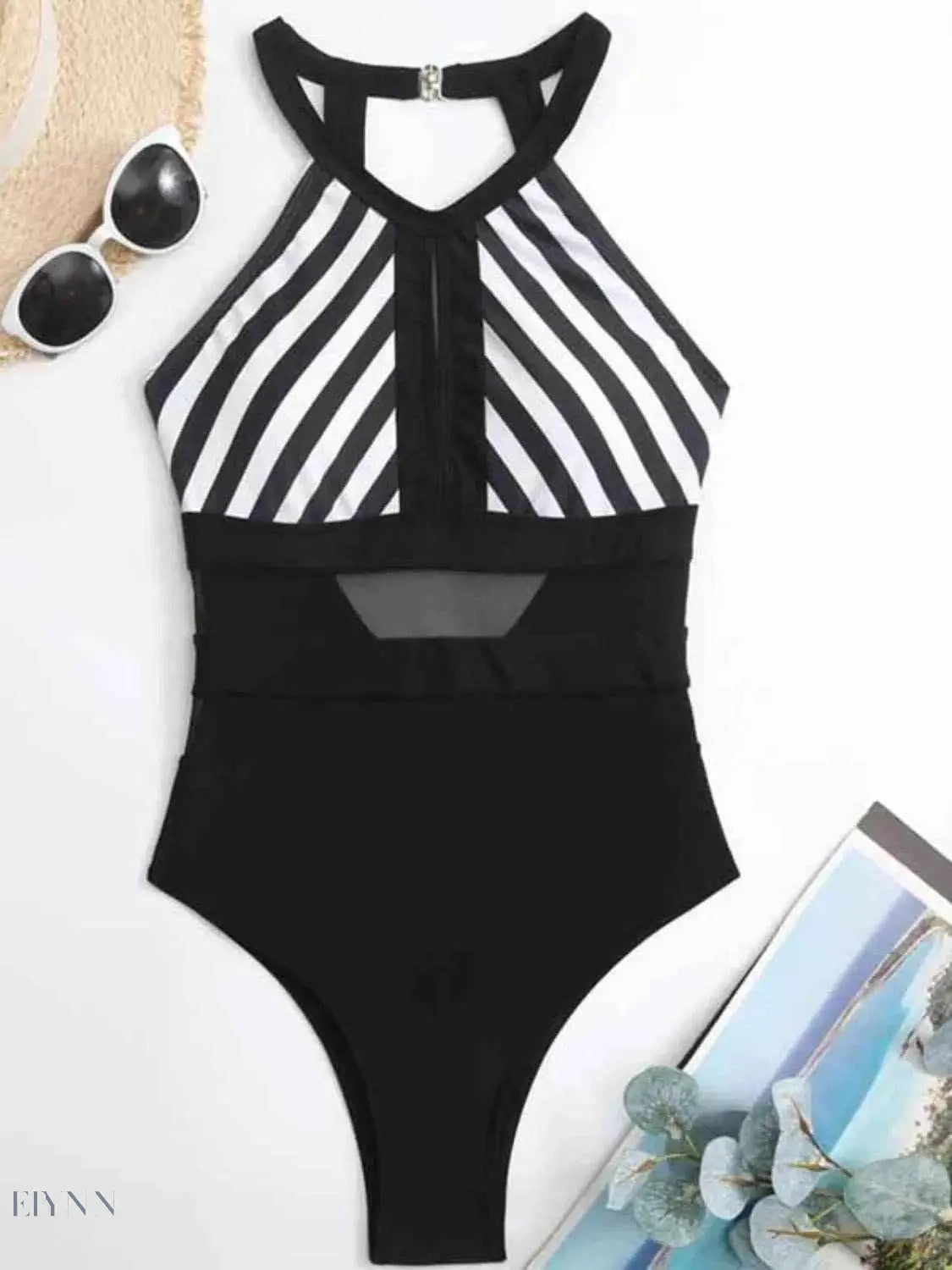 Mesh Detail One-Piece Swimsuit with Striped Design for Elegant Beach Style - EBYNN