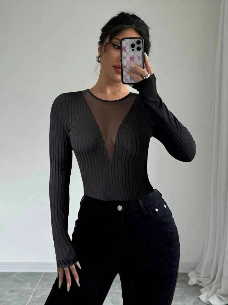 Mesh Detail Round Neck Long Sleeve Top.