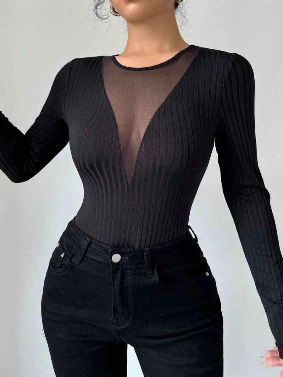 Mesh Detail Round Neck Long Sleeve Top.