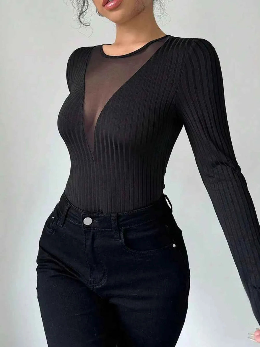 Mesh Detail Round Neck Long Sleeve Top.