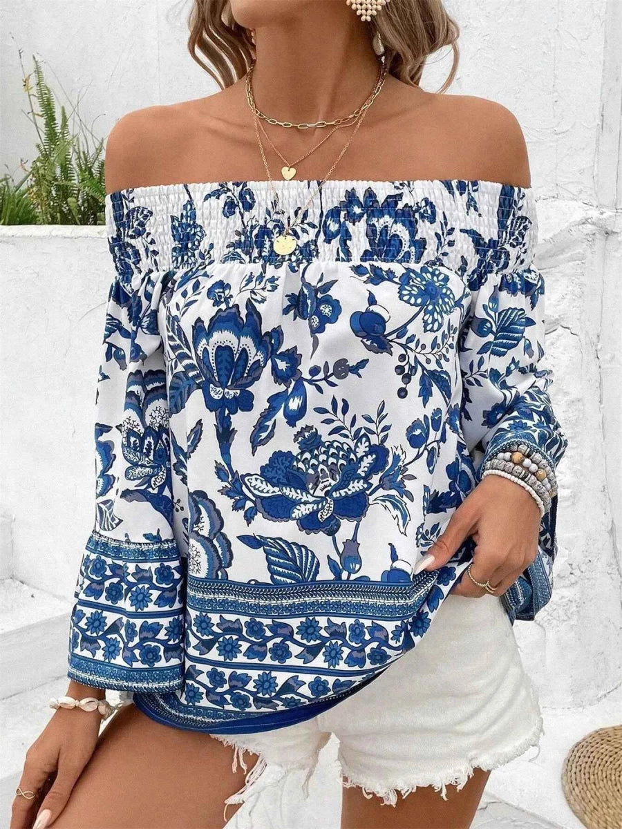 Off-Shoulder Floral Print Blouse.