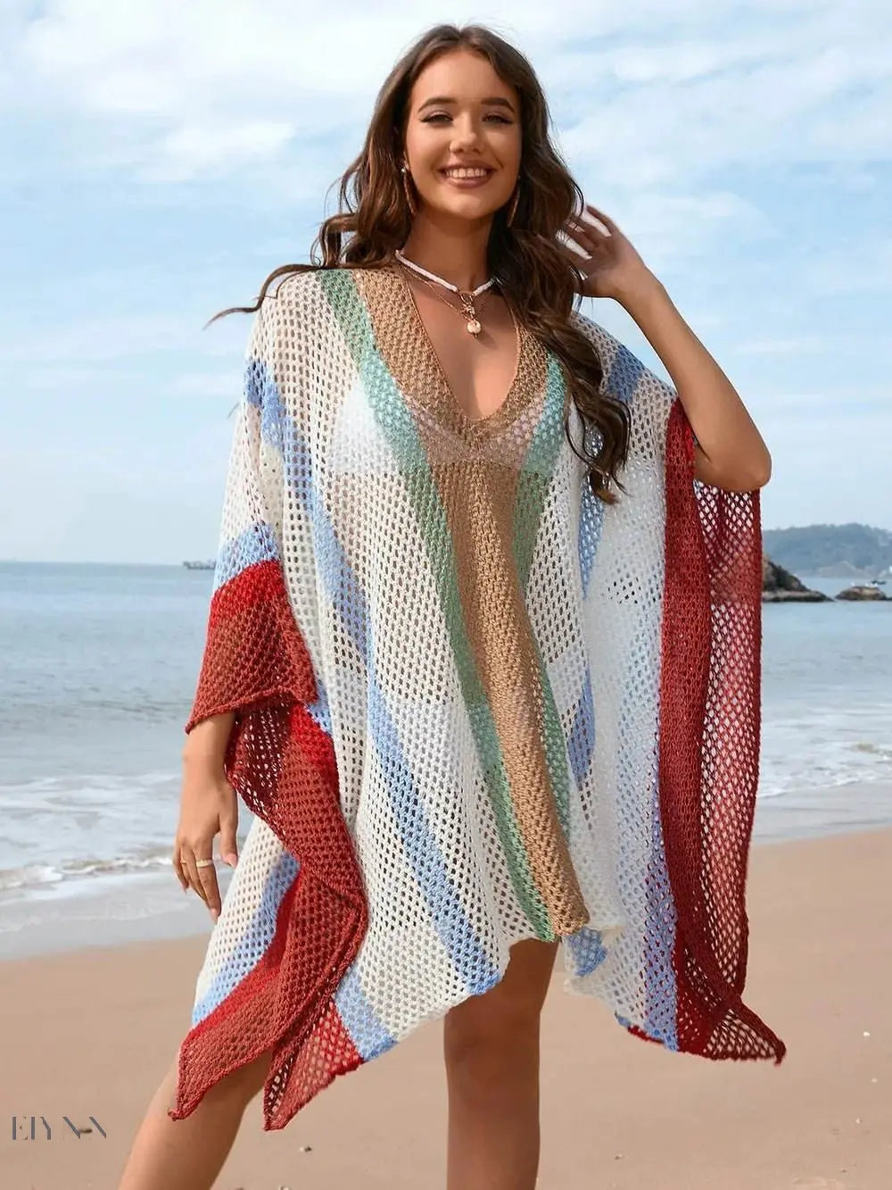 Openwork Beach Cover Up with Colorful Stripes - EBYNN