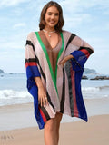 Openwork Beach Cover Up with Colorful Stripes - EBYNN