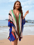 Openwork Beach Cover Up with Colorful Stripes - EBYNN