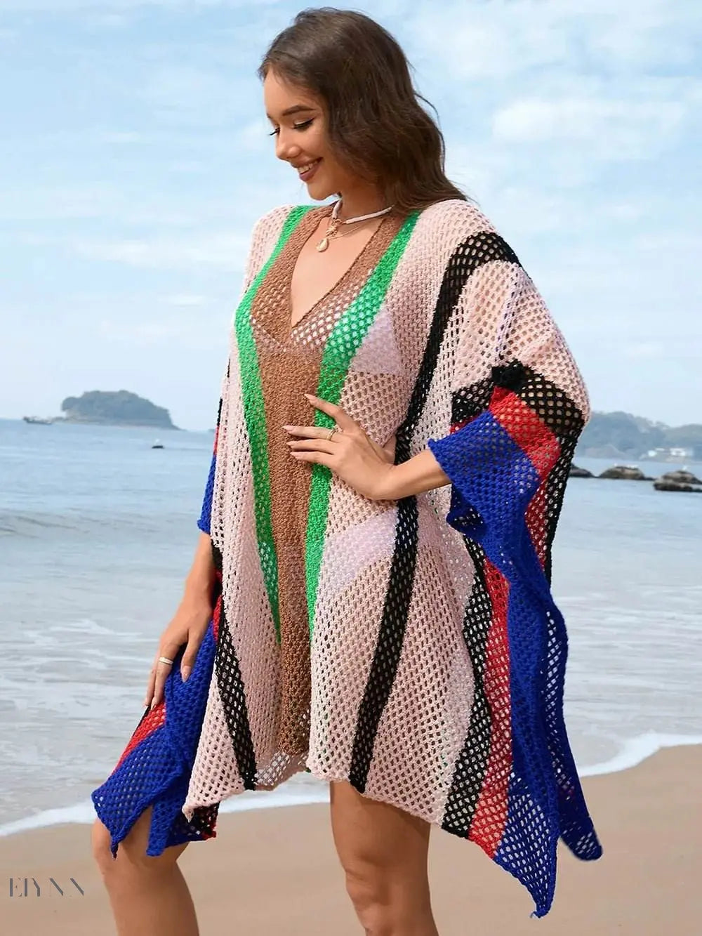 Openwork Beach Cover Up with Colorful Stripes - EBYNN