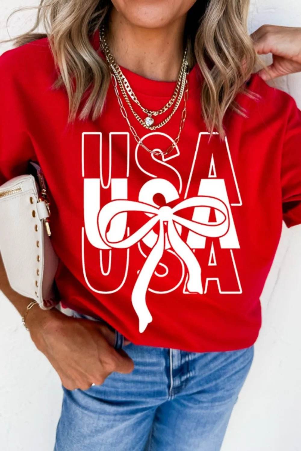 Patriotic USA T-Shirt with Bow Graphic Design - EBYNN