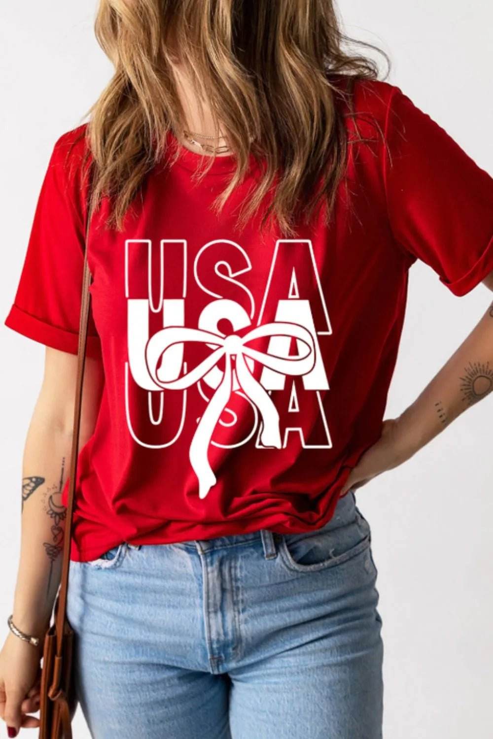 Patriotic USA T-Shirt with Bow Graphic Design - EBYNN