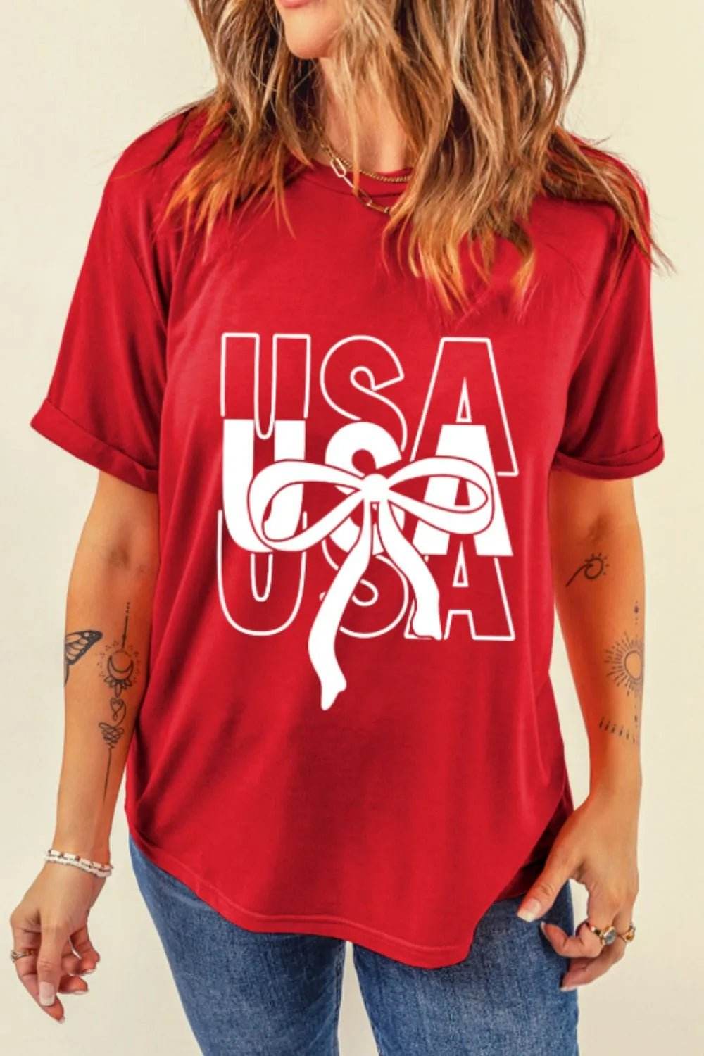 Patriotic USA T-Shirt with Bow Graphic Design - EBYNN
