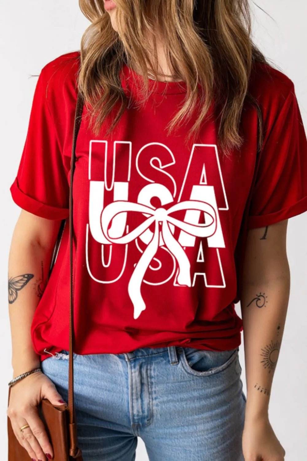 Patriotic USA T-Shirt with Bow Graphic Design - EBYNN