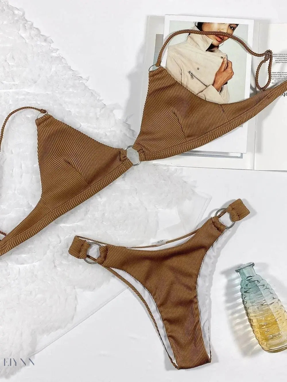 Stylish plunge spaghetti strap bikini set in brown with unique ring details and minimal coverage