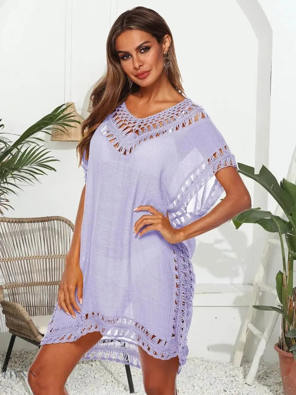 Plus Size Beach Cover Up Dress in Pink Crochet - EBYNN