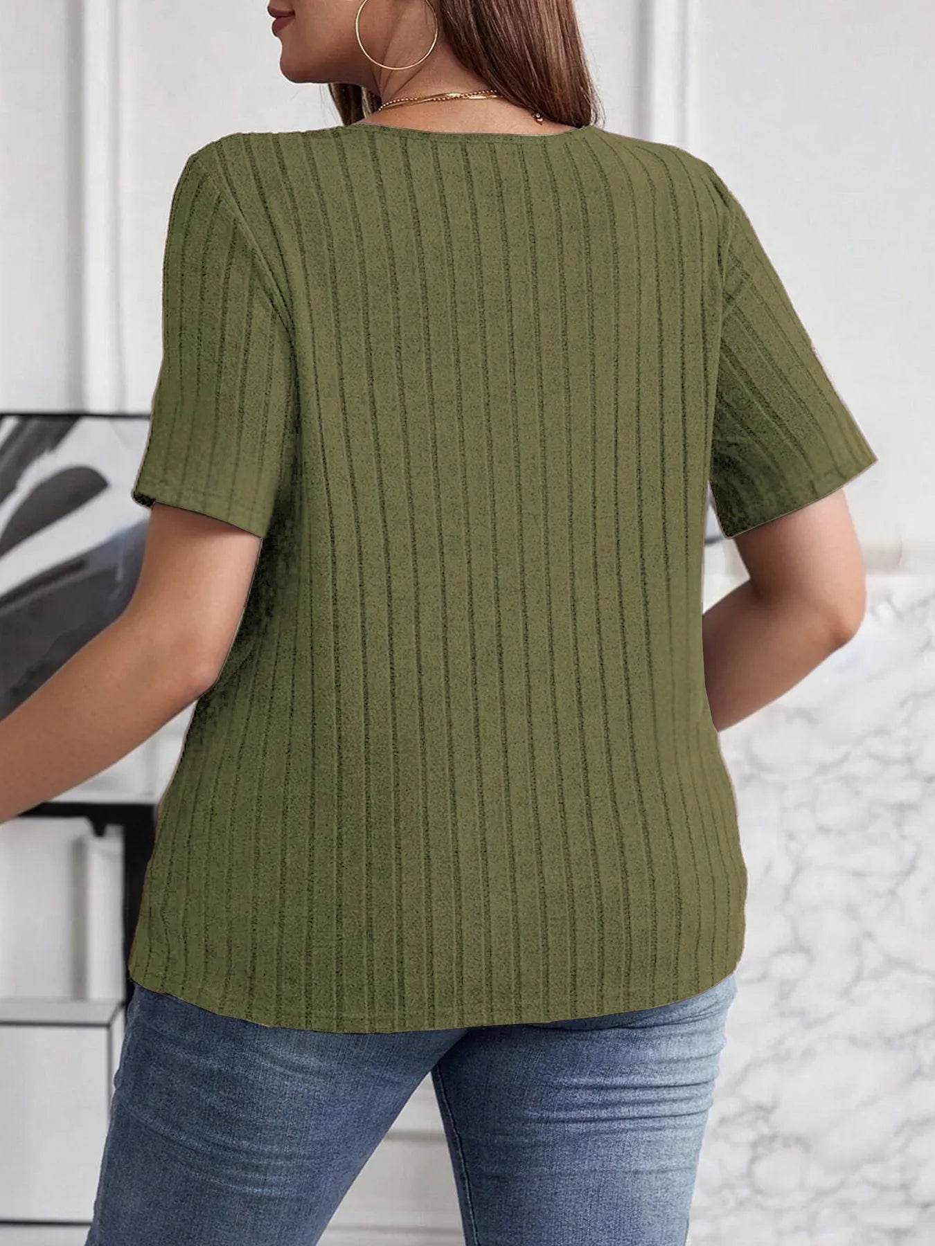 Plus Size V-Neck T-Shirt - Stylish Ribbed Short Sleeve Comfort for Every Body - EBYNN