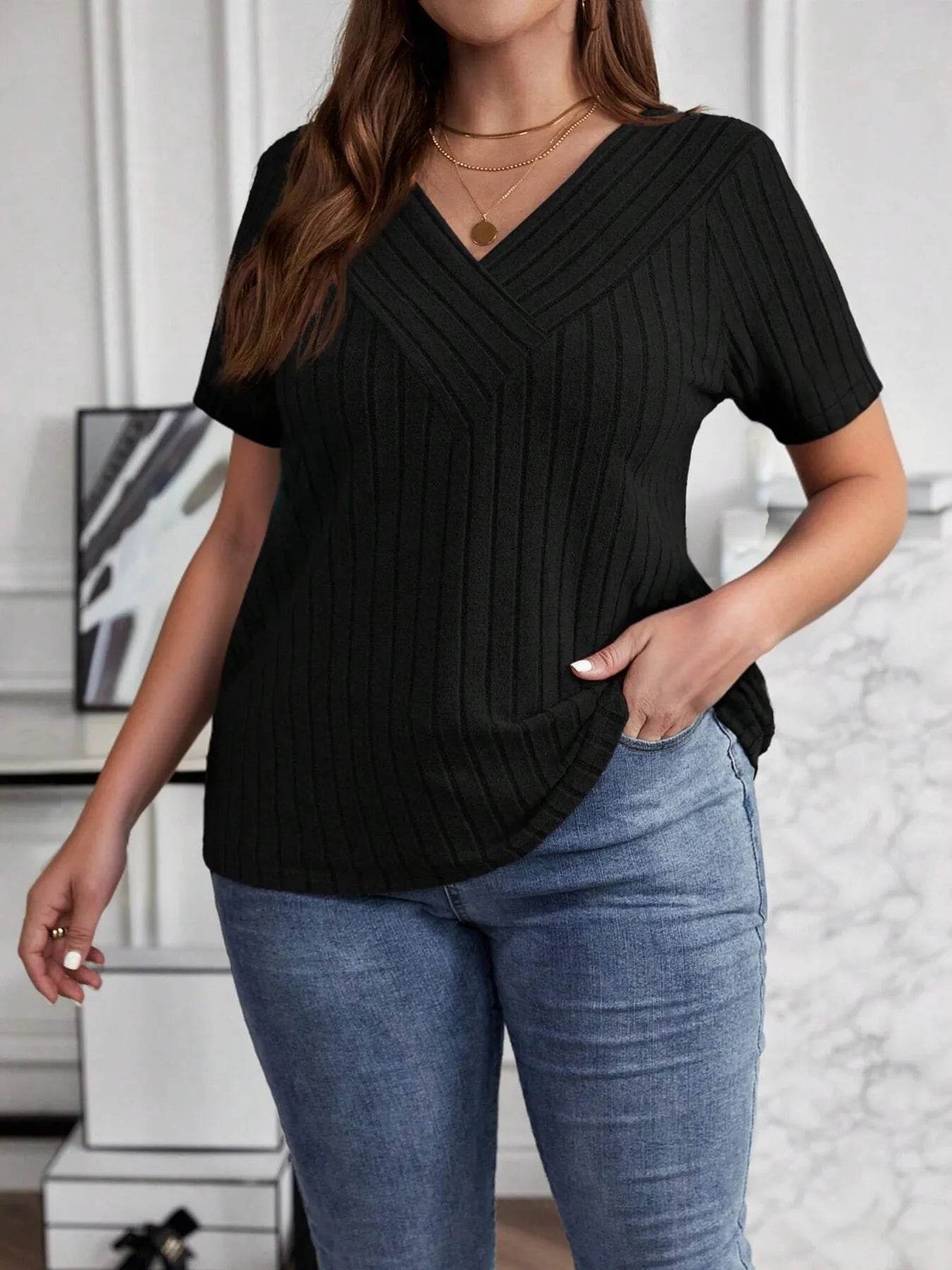 Plus Size V-Neck T-Shirt - Stylish Ribbed Short Sleeve Comfort for Every Body - EBYNN