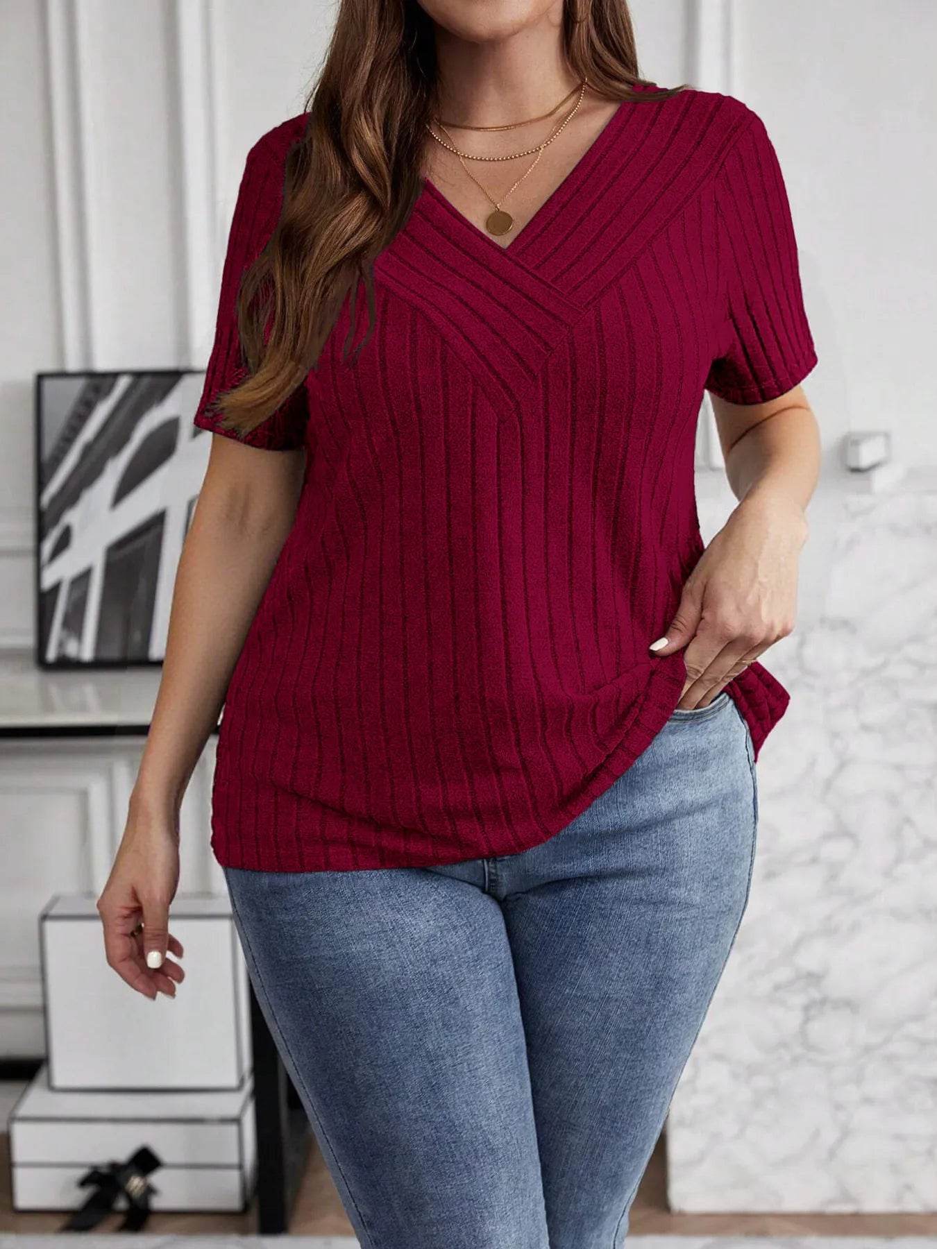 Plus Size V-Neck T-Shirt - Stylish Ribbed Short Sleeve Comfort for Every Body - EBYNN