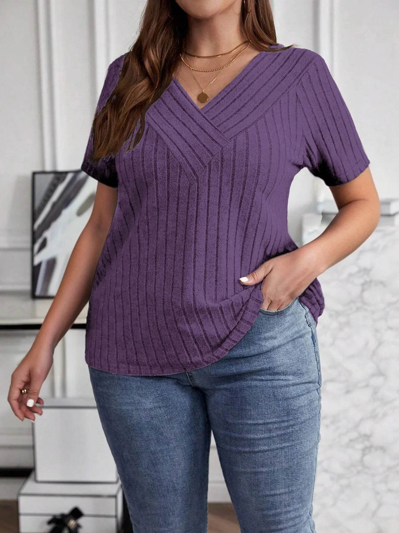 Plus Size V-Neck T-Shirt - Stylish Ribbed Short Sleeve Comfort for Every Body - EBYNN