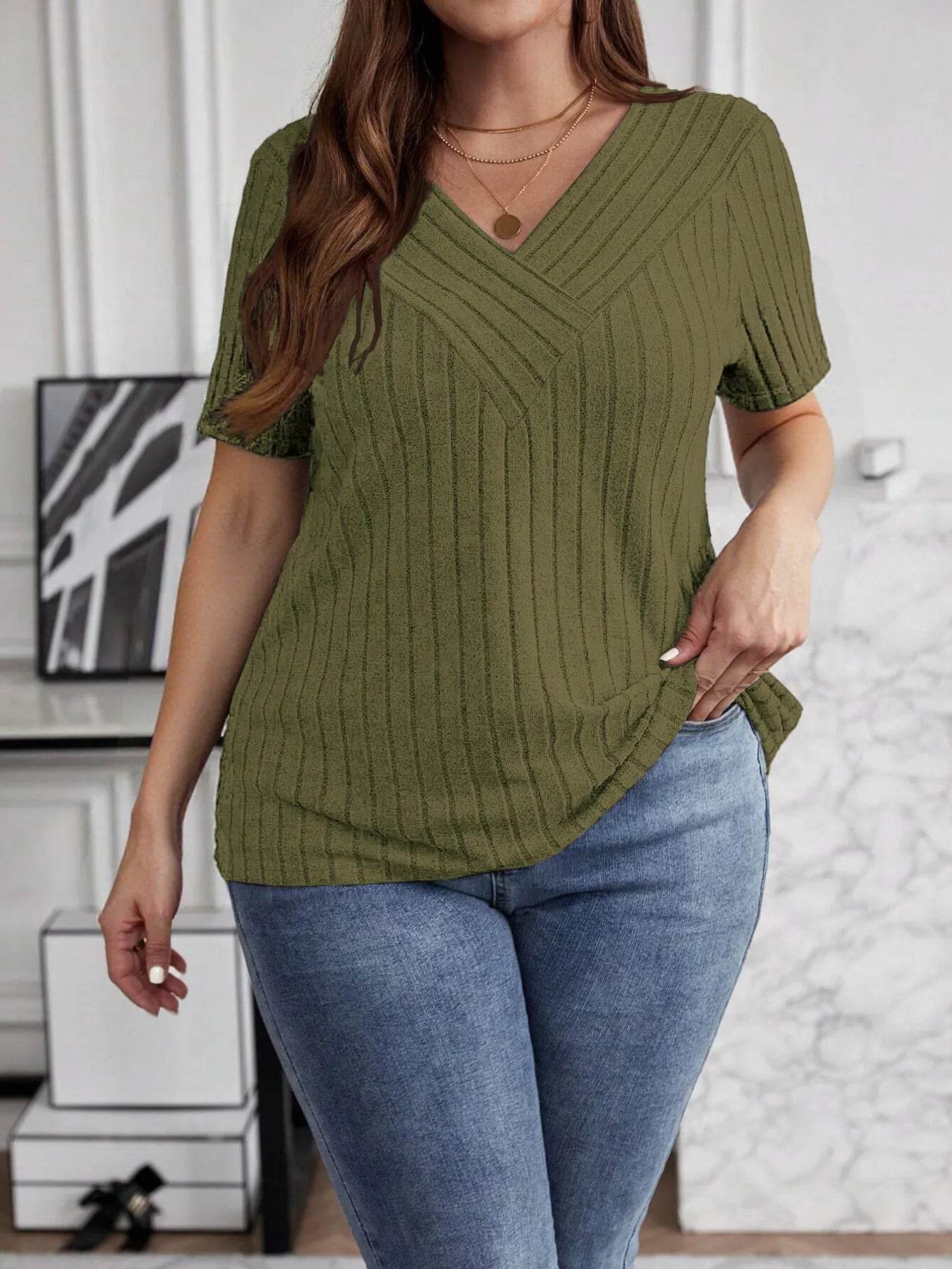 Plus Size V-Neck T-Shirt - Stylish Ribbed Short Sleeve Comfort for Every Body - EBYNN