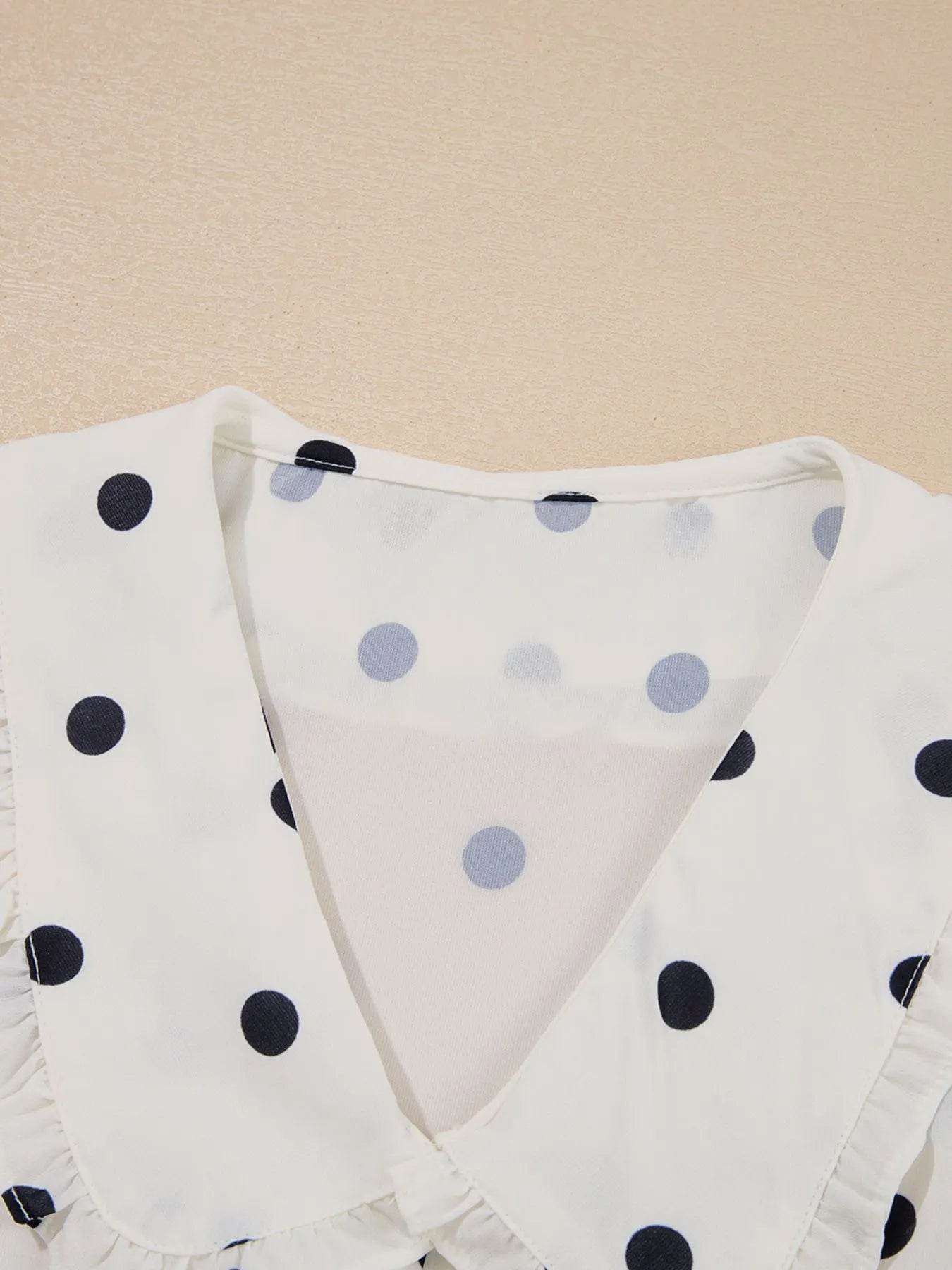 Polka Dot Peplum Top with Collared Puff Sleeves - EBYNN