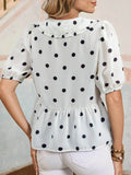 Polka Dot Peplum Top with Collared Puff Sleeves - EBYNN