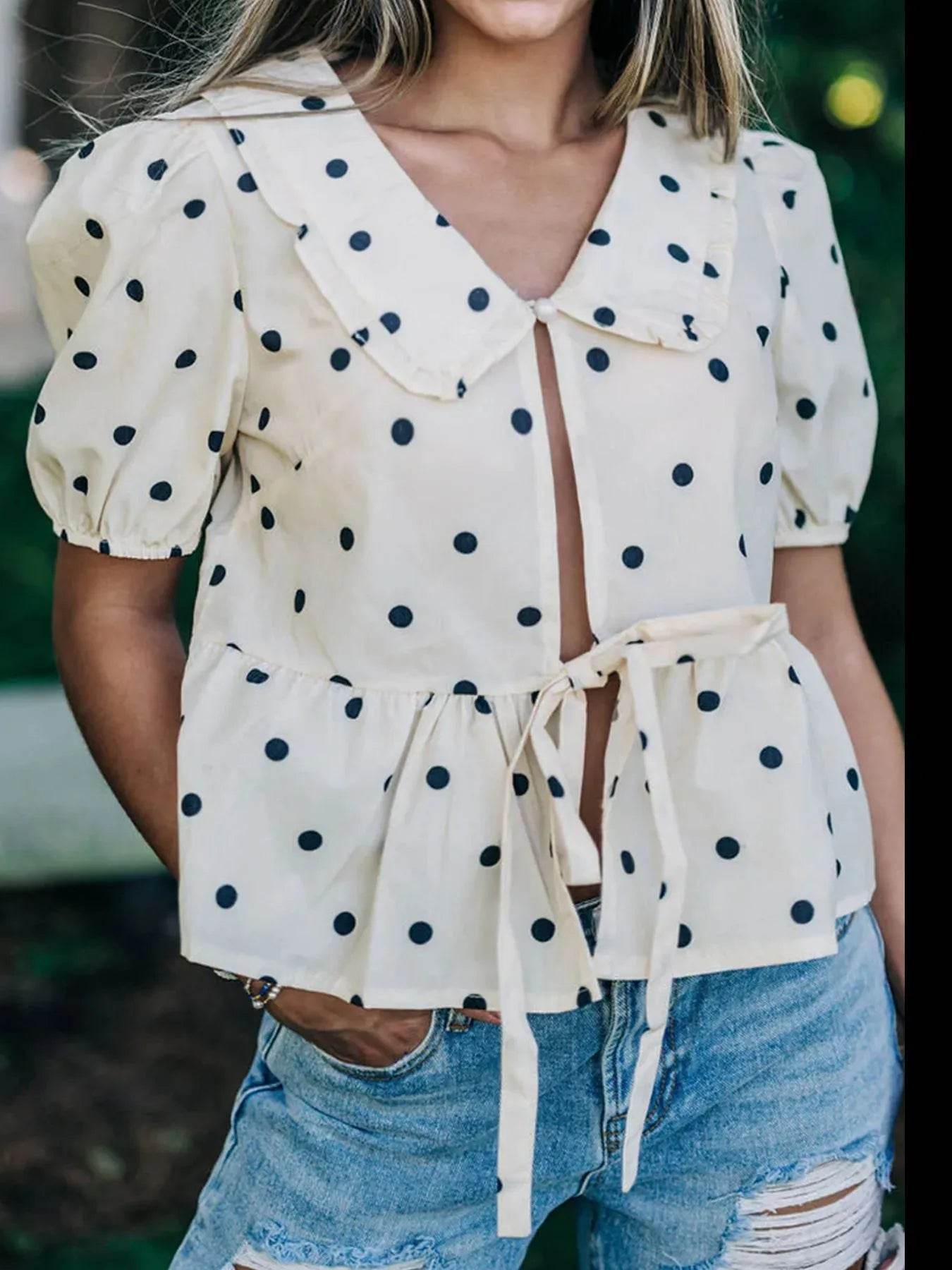 Polka Dot Peplum Top with Collared Puff Sleeves - EBYNN