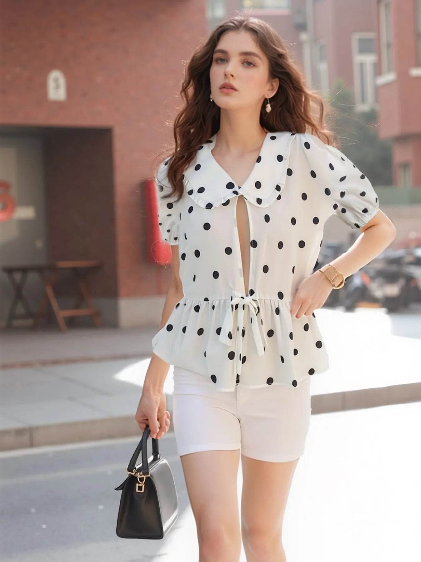 Polka Dot Peplum Top with Collared Puff Sleeves - EBYNN