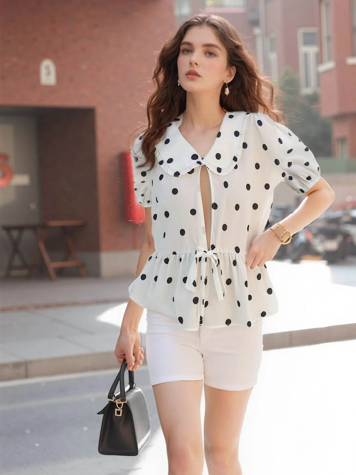 Polka Dot Peplum Top with Collared Puff Sleeves - EBYNN
