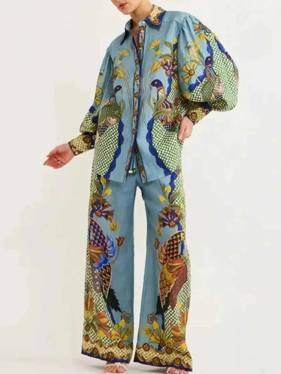 Printed Button Up Shirt and Pants Set.
