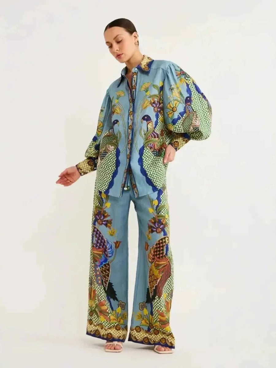 Printed Button Up Shirt and Pants Set.