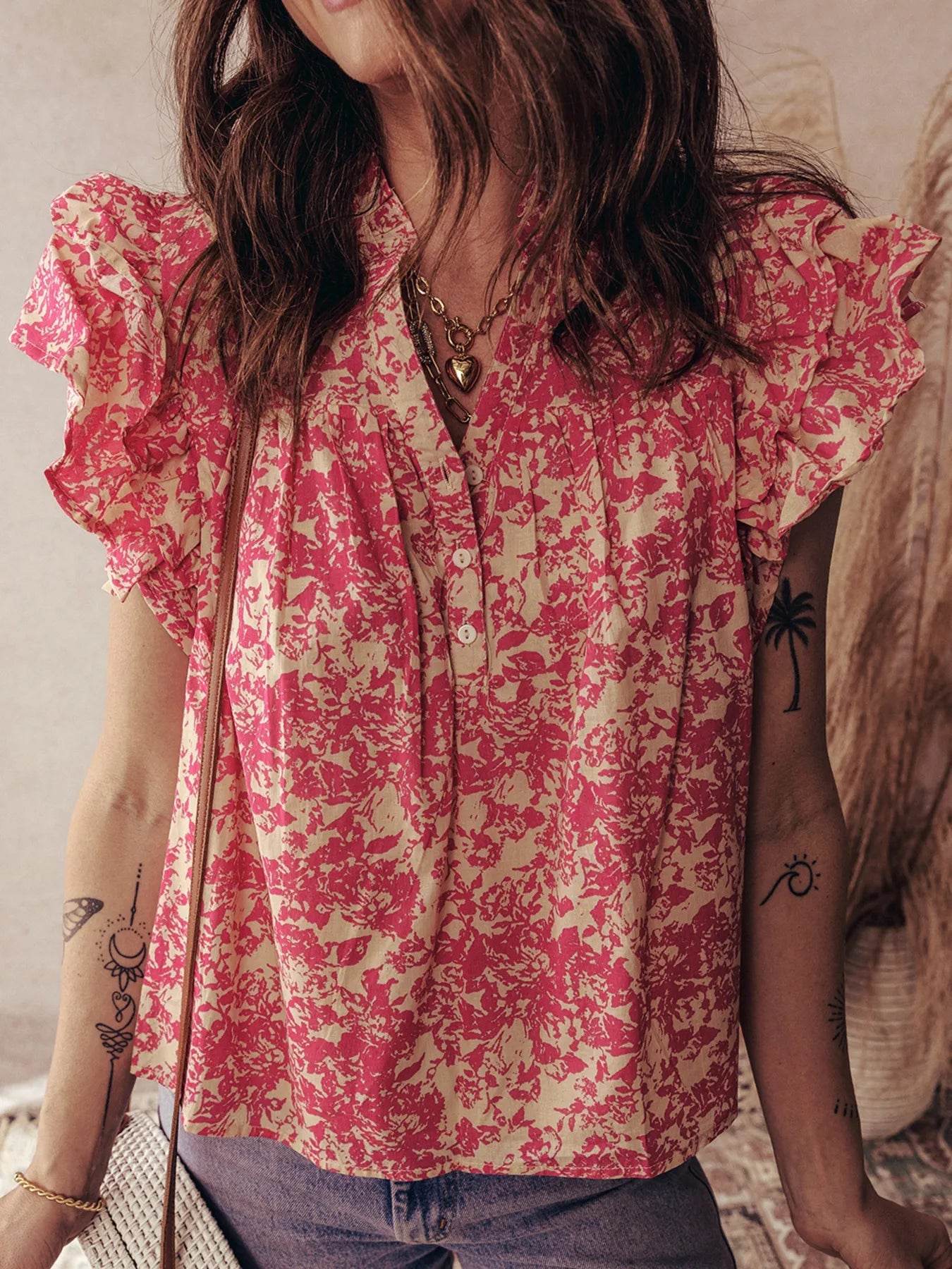 Printed Ruffle Sleeve Blouse with Half Button Neck Detail - EBYNN