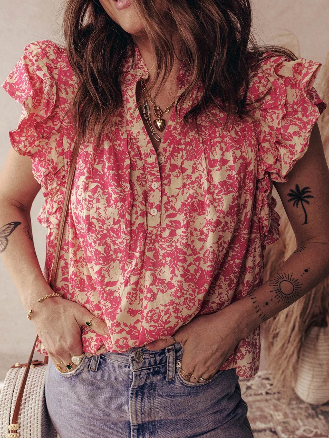 Printed Ruffle Sleeve Blouse with Half Button Neck Detail - EBYNN