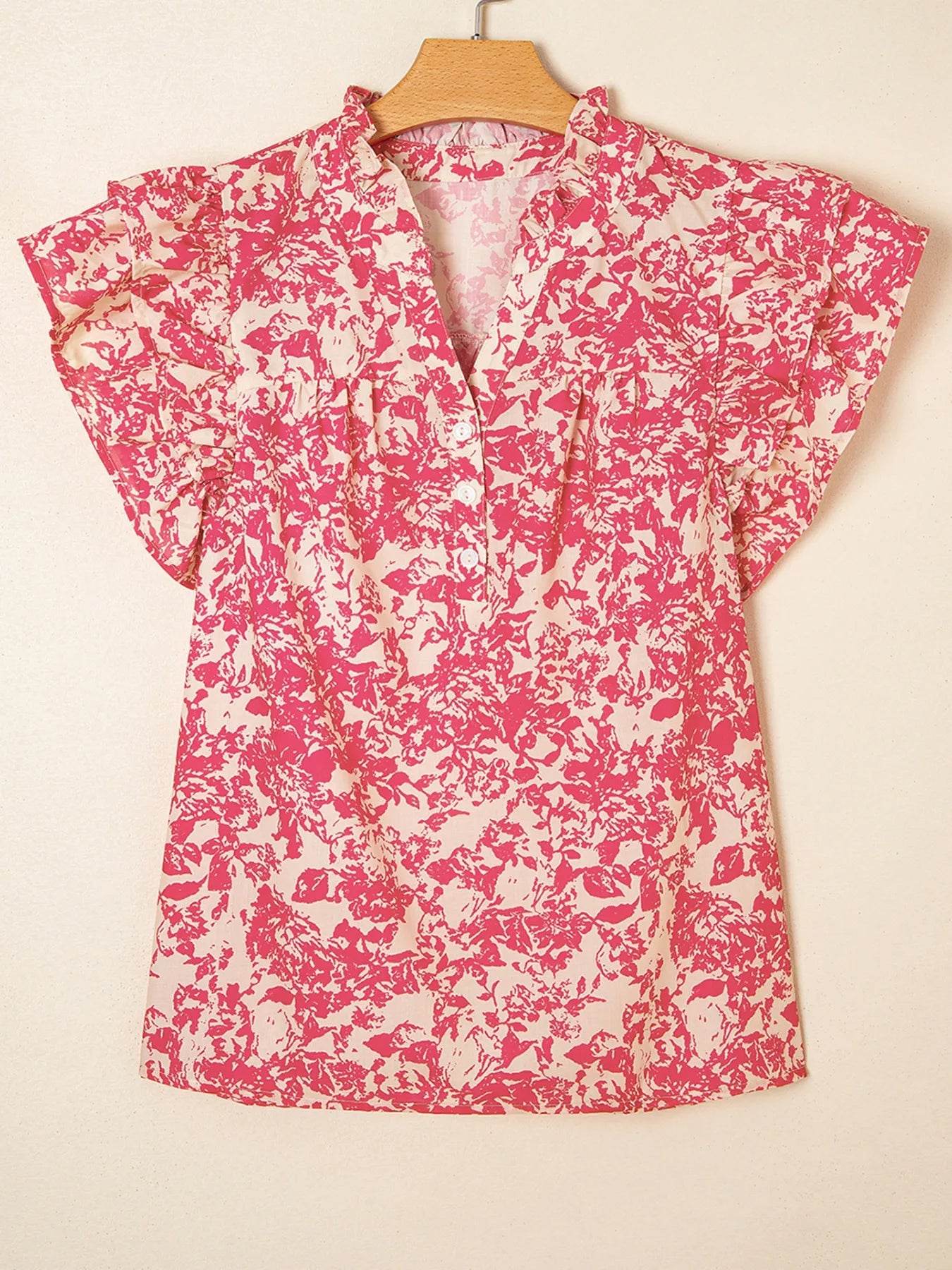 Printed Ruffle Sleeve Blouse with Half Button Neck Detail - EBYNN