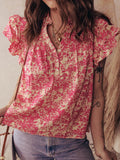 Printed Ruffle Sleeve Blouse with Half Button Neck Detail - EBYNN