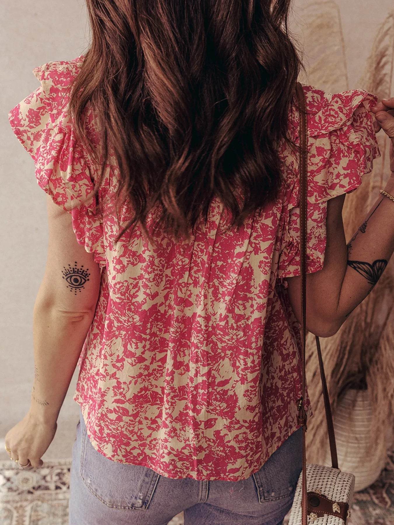 Printed Ruffle Sleeve Blouse with Half Button Neck Detail - EBYNN