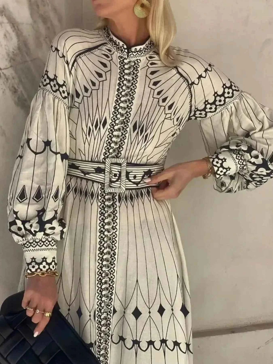 Printed Long Sleeve Shirt Dress with Belt.