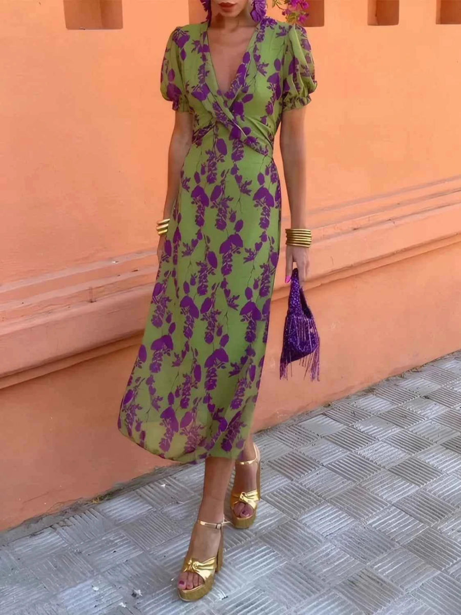 Printed Plunge Short Sleeve Midi Dress.