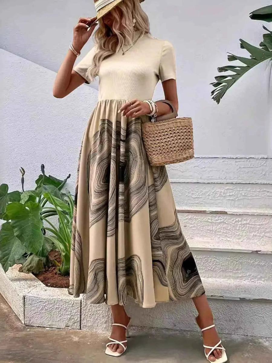 Printed Round Neck Short Sleeve Dress.