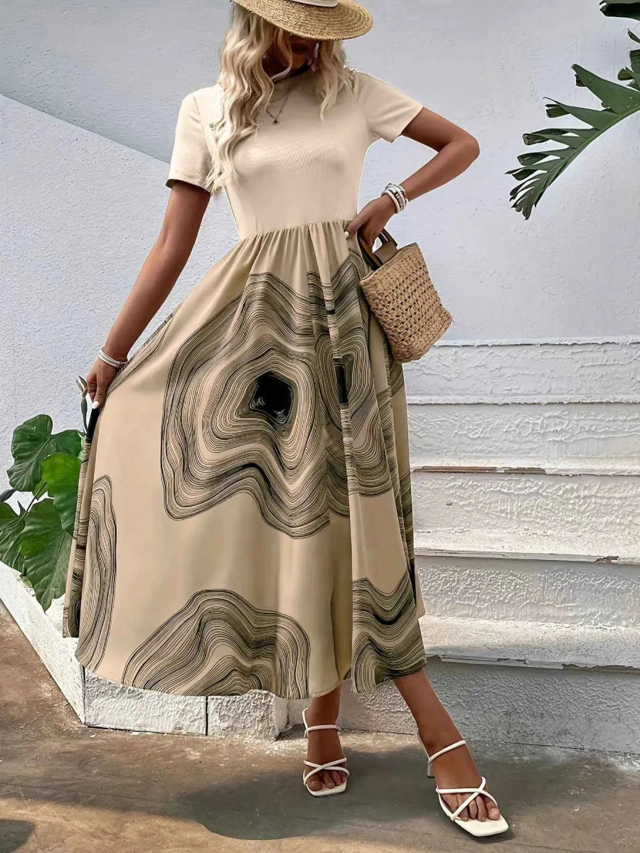 Printed Round Neck Short Sleeve Dress.