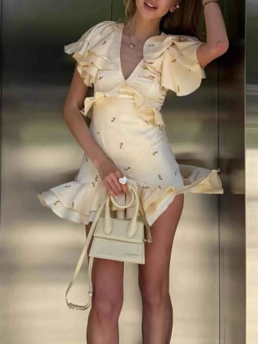 Printed Ruffled Flutter Sleeve Mini Dress.