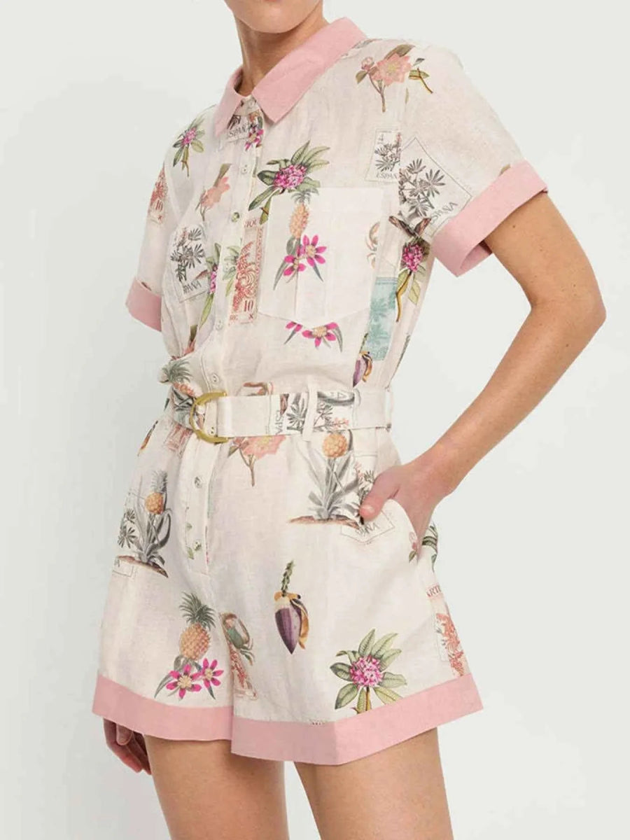 Printed Short Sleeve Romper with Belt.