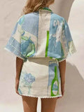 Printed Short Sleeve Shirt and Skirt Set.