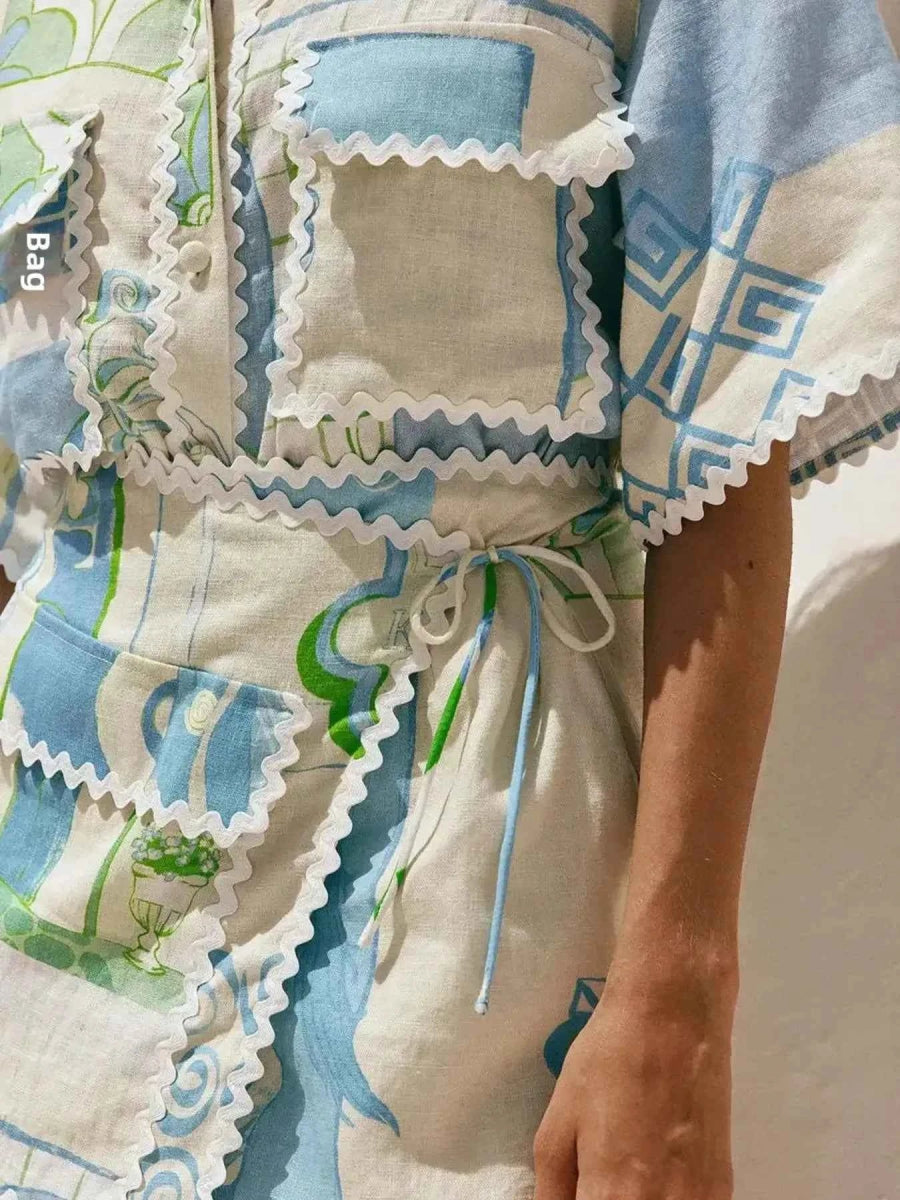 Printed Short Sleeve Shirt and Skirt Set.